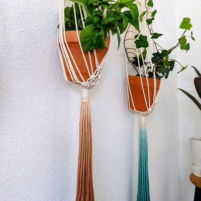 Handmade and Dip-Dyed Macrame Plant Hanger, Handwoven Ombre Colored Plant Hanging with Tassels, Sustainable Cotton Cords, Gift for Plant Mom - image5